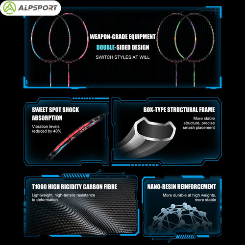 ALP SR2.0【Dual Color Racket】9U 54g T800 Full Carbon Badminton Racket G5 30LBS Ultra Light Offensive Training ALPSPORT
