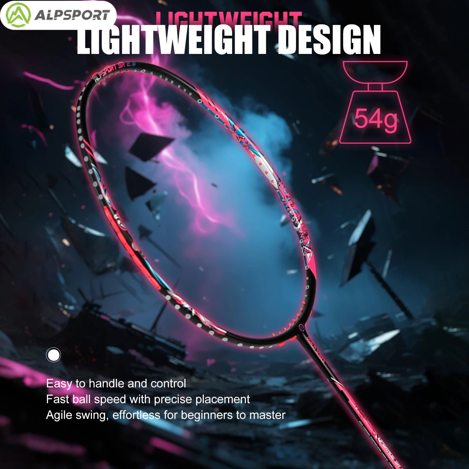 ALP SR2.0【Dual Color Racket】9U 54g T800 Full Carbon Badminton Racket G5 30LBS Ultra Light Offensive Training ALPSPORT